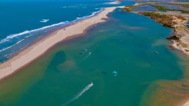 Aerial view of the sandbank and lagoon of Parajuru, the kitesurf spot in Ceará